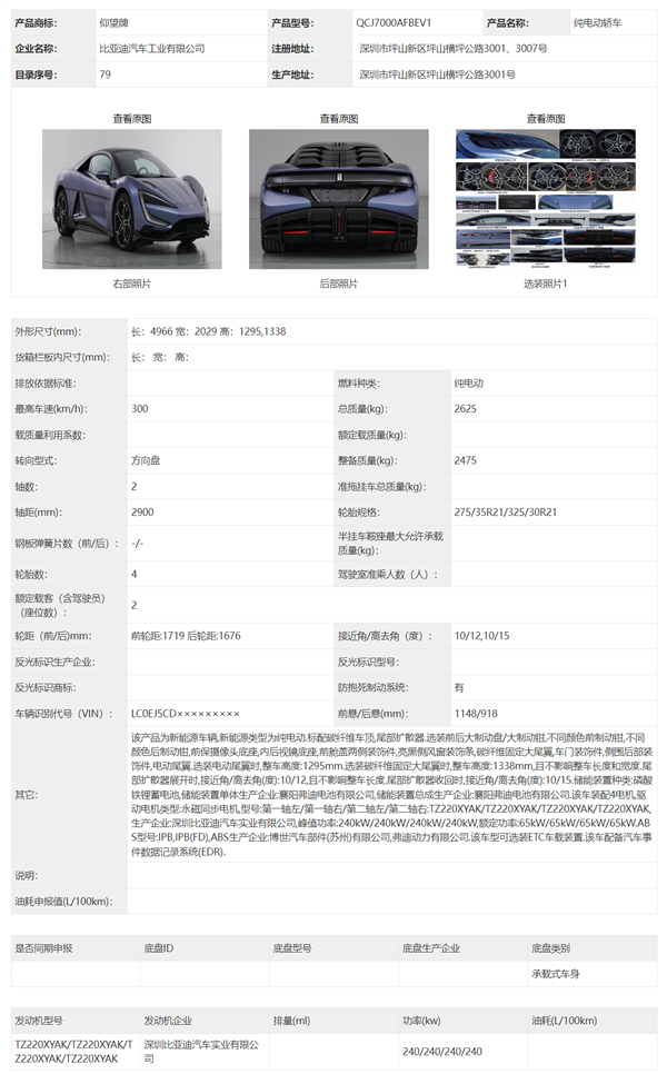 比亚迪百万超跑！仰望U9申报信息公示：四电机超1300匹马力(图1)